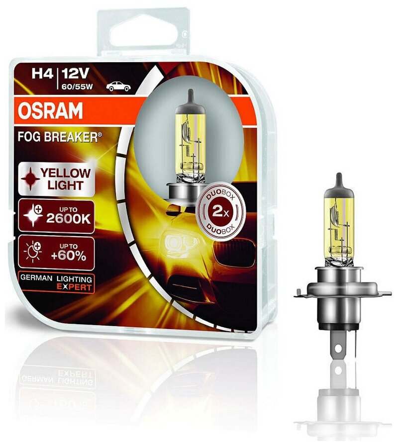 Лампа автомобильная галогенная OSRAM FOG BREAKER H4 62193FBR-HCB 12V 60/55W P43t 2600K 2 шт.