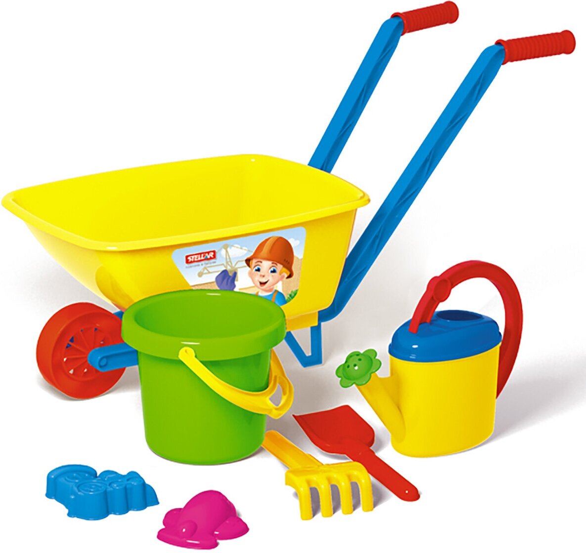 фото Стеллар №113 Тачка детская, ведро 1,4 л, лейка 0,8, совок 19 см, грабли 19 см, 2 формочки