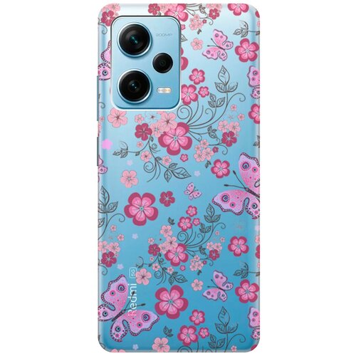 Силиконовый чехол на Xiaomi Redmi Note 12 Pro, Note 12 Pro+, Note 12 Explorer Edition с 3D принтом Butterflies and Flowers прозрачный матовый чехол unicorns and candies для xiaomi redmi note 12 pro note 12 pro note 12 explorer edition с 3d эффектом черный