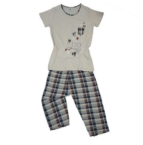 Пижама , бриджи, футболка, короткий рукав, пояс на резинке, размер 44-46, бежевый