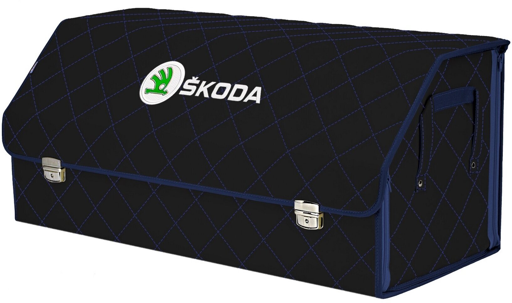 Органайзер-саквояж в багажник "Союз Премиум" (размер XXL). Цвет: черный с синей прострочкой Ромб и вышивкой Skoda (Шкода).