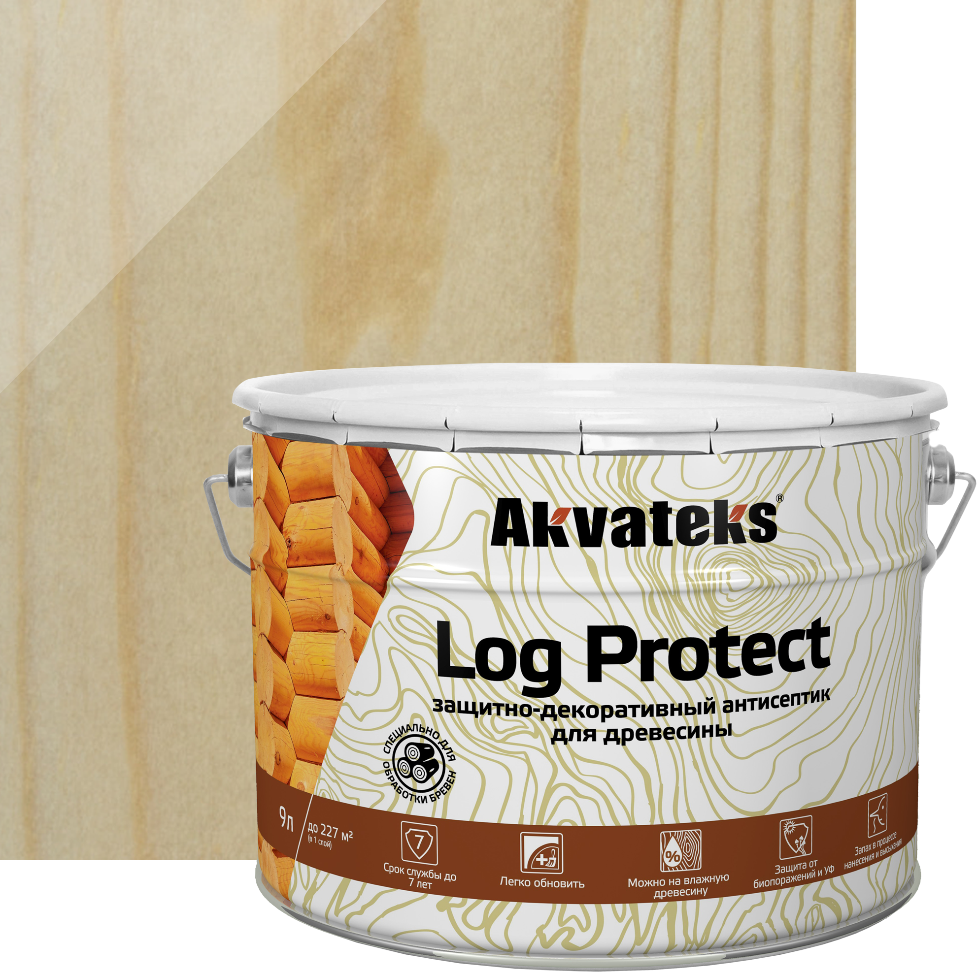 Антисептик Akvateks LOG Protect полуматовый прозрачный 9 л