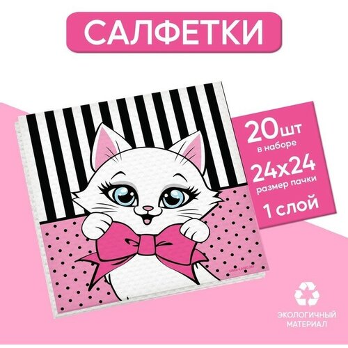 Салфетки бумажные однослойные "Котик", 24х24 см, набор 20 шт.