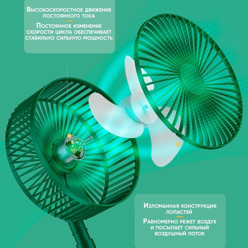 Вентилятор SBX настольный, портативный, беспроводной, бесшумный, 3 скорости, зеленый - фотография № 8