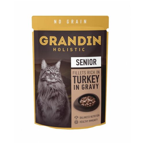 Влажный корм для кошек Grandin, старше 7лет кусочки с индейкой в соусе пауч, 85г, 12 шт brit premium полнорационный влажный корм для кошек с цыпленком и индейкой кусочки в соусе в паучах 85 г