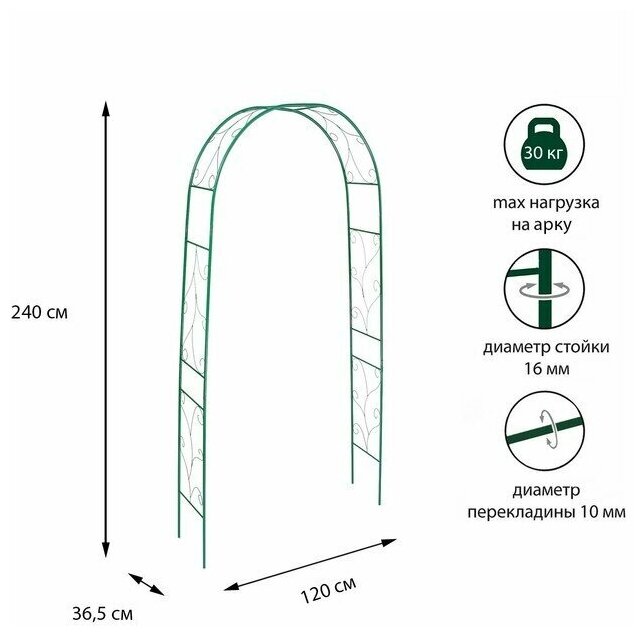 Арка садовая разборная 240 × 120 × 36.5 см металл зелёная «Веточка»