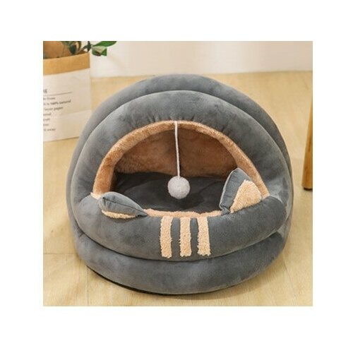 Домик лежанка для кошек и собак, S 35х35х32 см, лежак меховой с игрушкой, цвет серый Family Pet