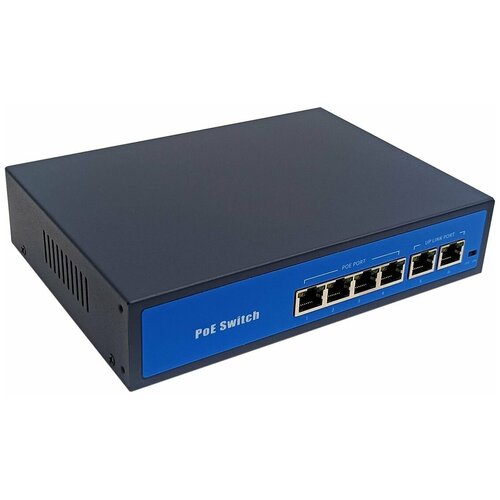 Коммутатор PoE Recon 6P65W-100, 4 порта PoE 100 Мбит/с, 2 порта Uplink 100 Мбит/с, бюджет PoE 65 Вт, хаб-разветвитель для питания IP-камер (свитч)