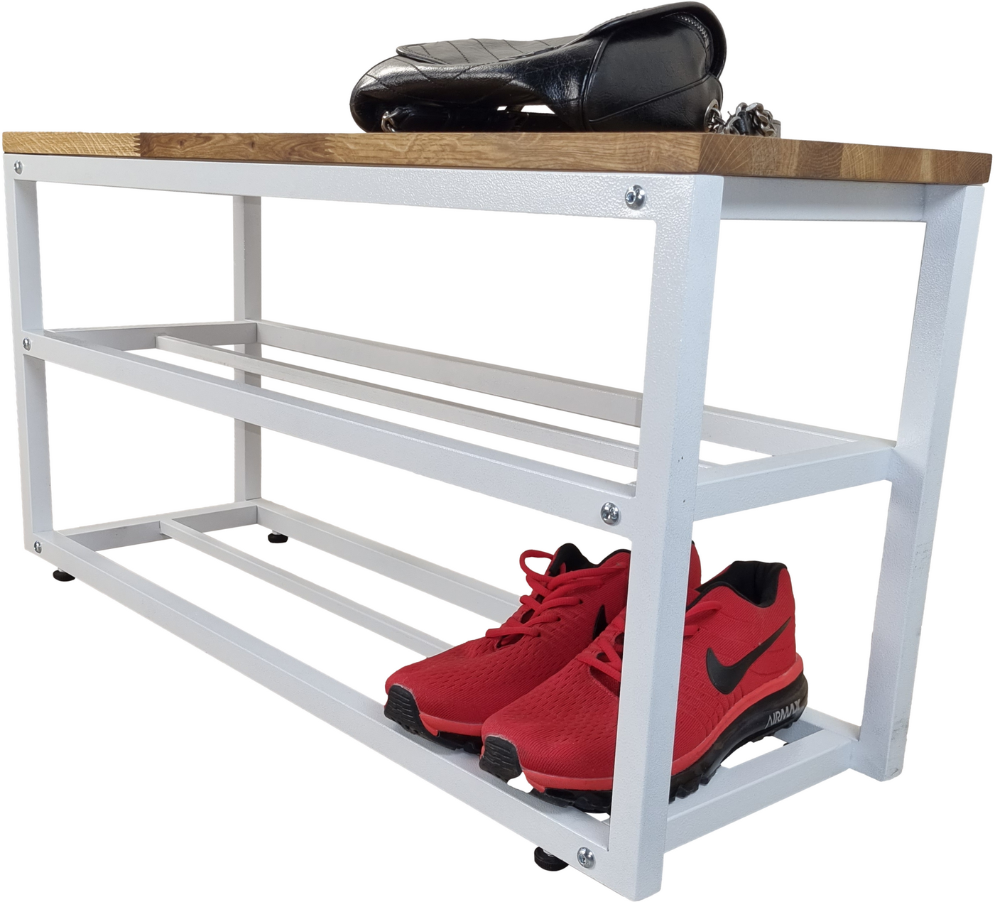 фото Обувница для прихожей LOFT-SYNDICATE, с полками и дубовой скамейкой. 46х31х90см. Белая