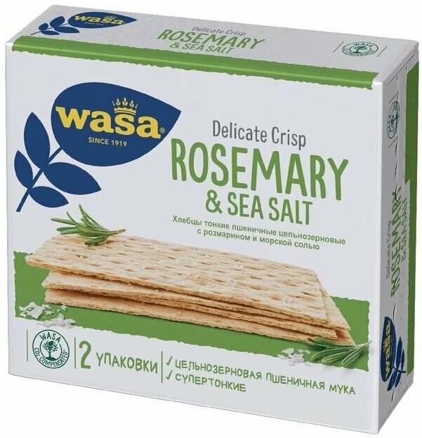 Wasa Хлебцы пшеничные тонкие Delicate Crisp Rosemary & Sea Salt с розмарином и морской солью, 190 г, 4 шт