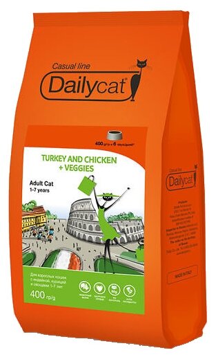 Dailycat Casual line ADULT Turkey and Chicken + Veggies 0,4кг - корм для взрослых кошек с индейкой, курицей и овощами 0,4кг, 722ДКк*0,4