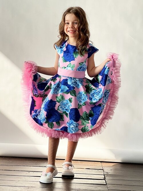 Платье Бушон, размер 122-128, голубой, розовый