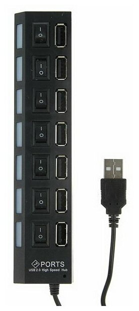 USB-разветвитель Luazon, 7 портов с выключателями, USB 2.0, черный