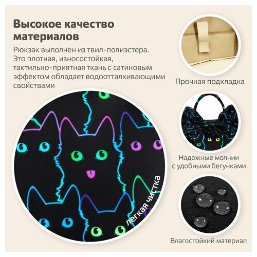 Рюкзак BRAUBERG DREAM универсальный с карманом для ноутбука, эргономичный, "Neon cats", 42х26х14 см, 270771