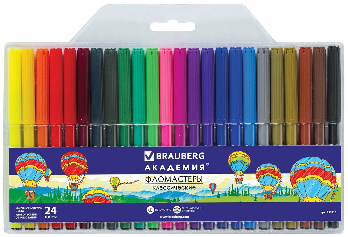 Фломастеры для рисования для детей набор Brauberg Академия, 24 цвета, вентилируемый колпачок, Пвх упаковка