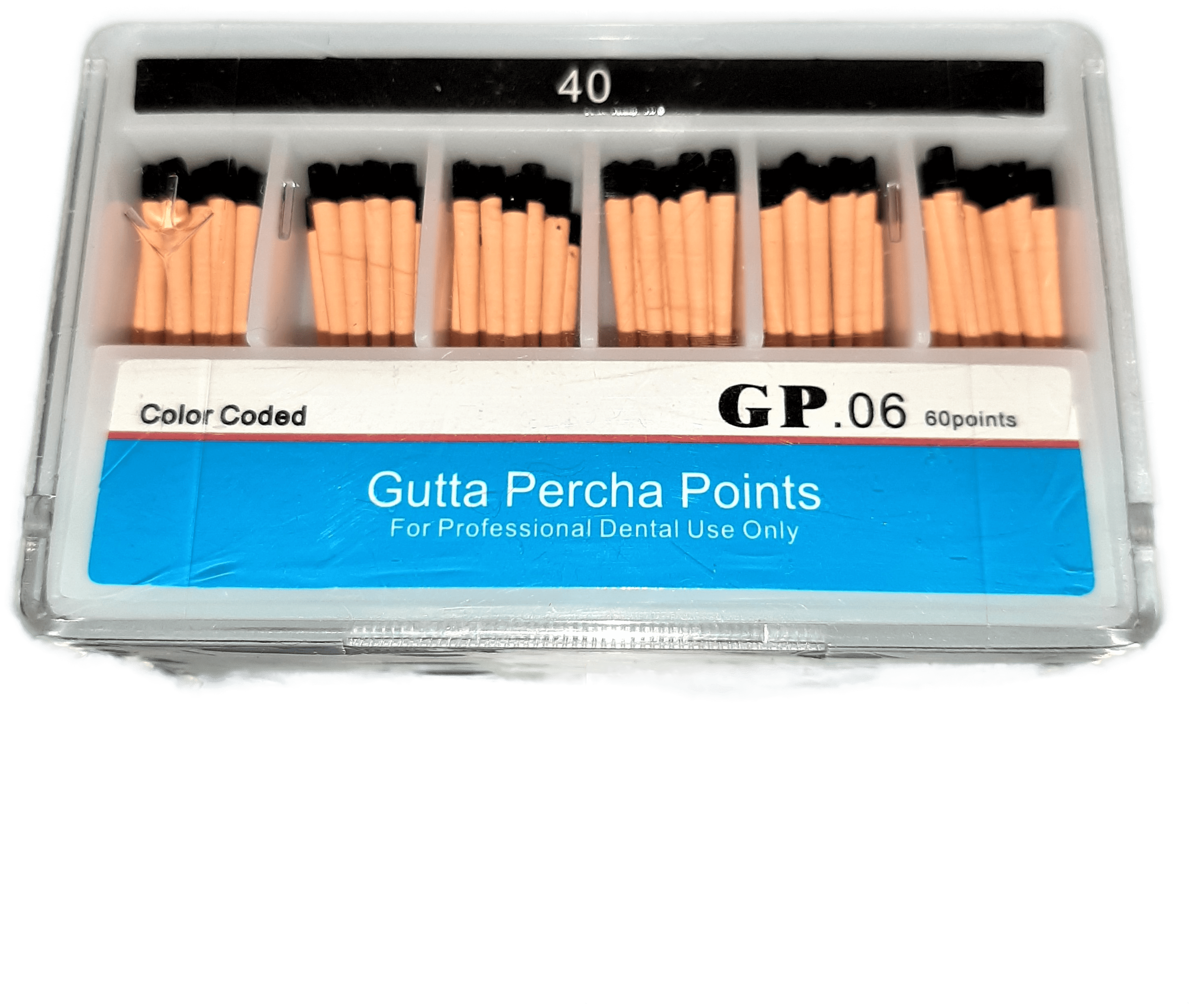 Штифты гуттаперчевые эндоканальные Gutta Percha Points (HAND ROLLED), конусность 06, размер 40,60 штук в упаковке.