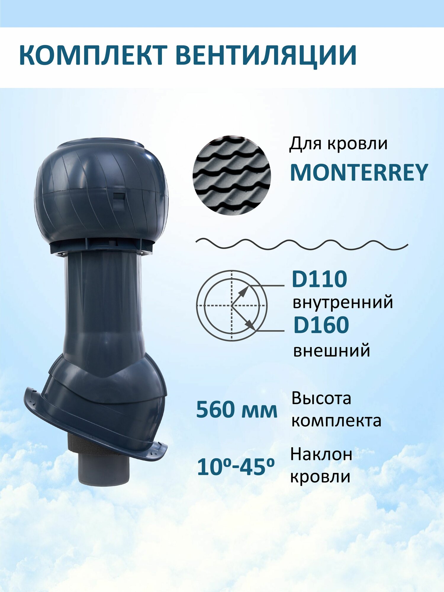 Готовый комплект изолированный: для металлочерепицы Монтеррей, 110/160 мм, RAL7024, Gervent, серия Static (колпак)
