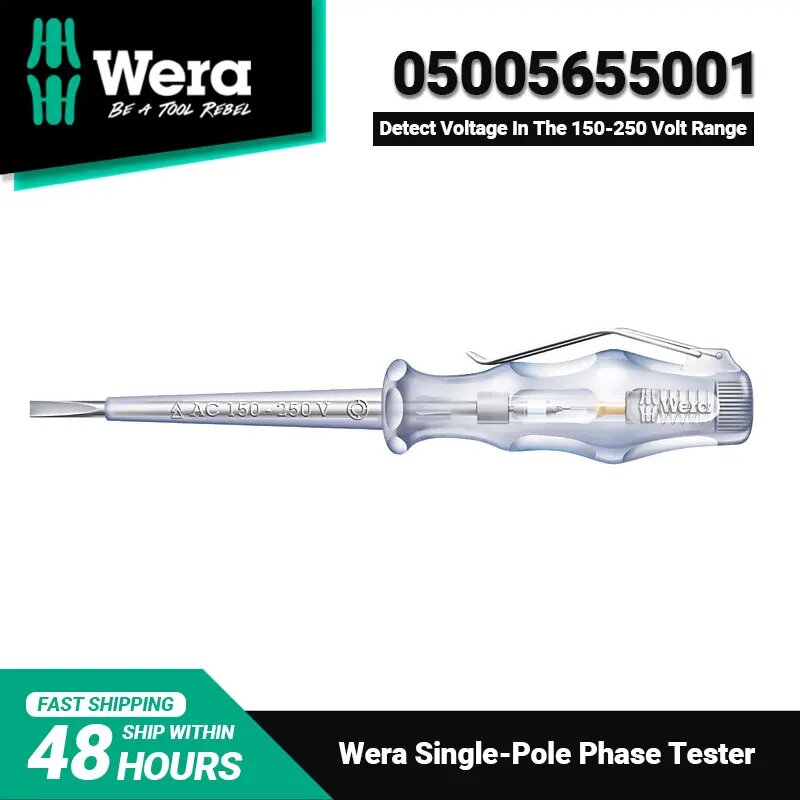 Тестер напряжения WERA 05005655001, однополюсный тестер фазы ручки Kraftform 247 с прочным зажимом и шестигранной защитой от вращения, 05005655001