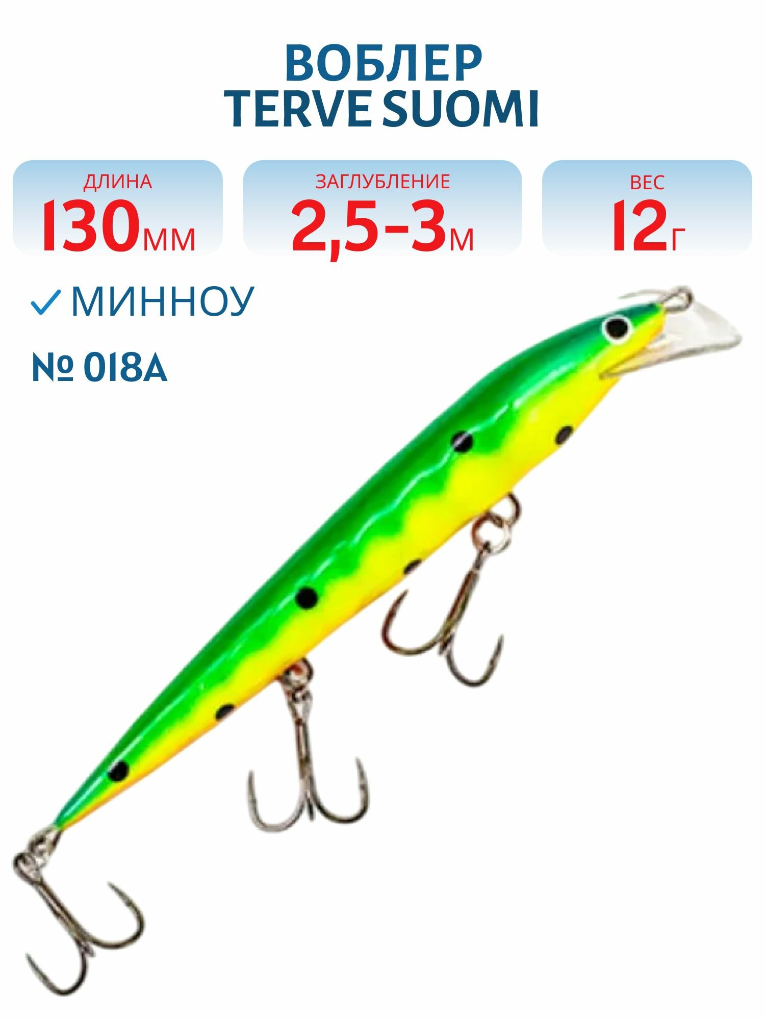 Воблер TERVE Suomi 13 двойная игра (седловидная лопата), цвет #018a