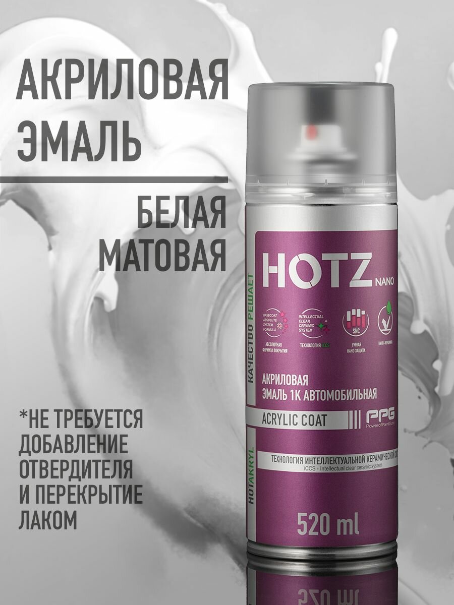 Акриловая эмаль, 1К Белая матовая, 520 мл (не требуется отвердитель), HOTZ