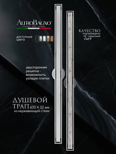 Изображение товара Трап для душа в пол под плитку с комбинированным затвором (сухой + гидрозатвор), 600 мм, никель / сатин