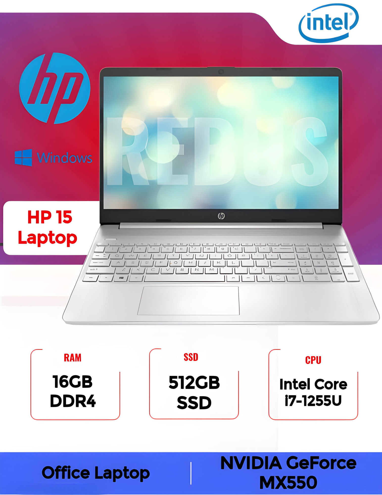 Ноутбук HP 15-dw4004ci (6L9W9EA) / i7 1255U / 16GB / SSD 512GB / 15.6", белый