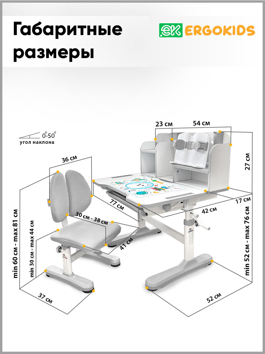 Растущий стол и стул Ergokids Panda BD-28 G мягкое кресло с регулировкой глубины сиденья ширина столешницы 77 см — фото 1