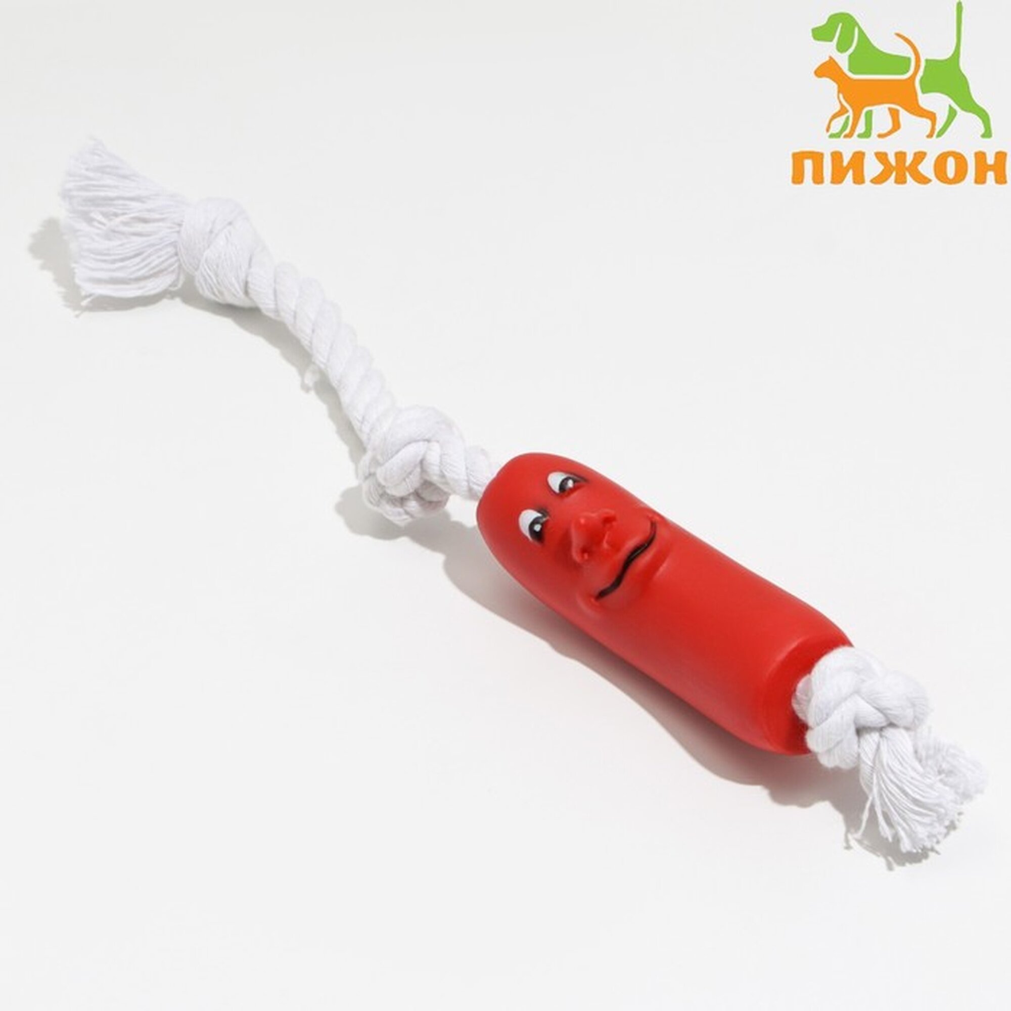 Игрушка Пижон "Брутальная сосиска на верёвке" для собак, 14 см, белый/красный