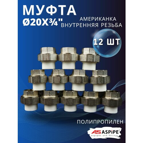 фото Муфта полипропиленовая 20х3/4 внутренняя резьба, разъемная (американка) pprc (aspipe) 12шт.