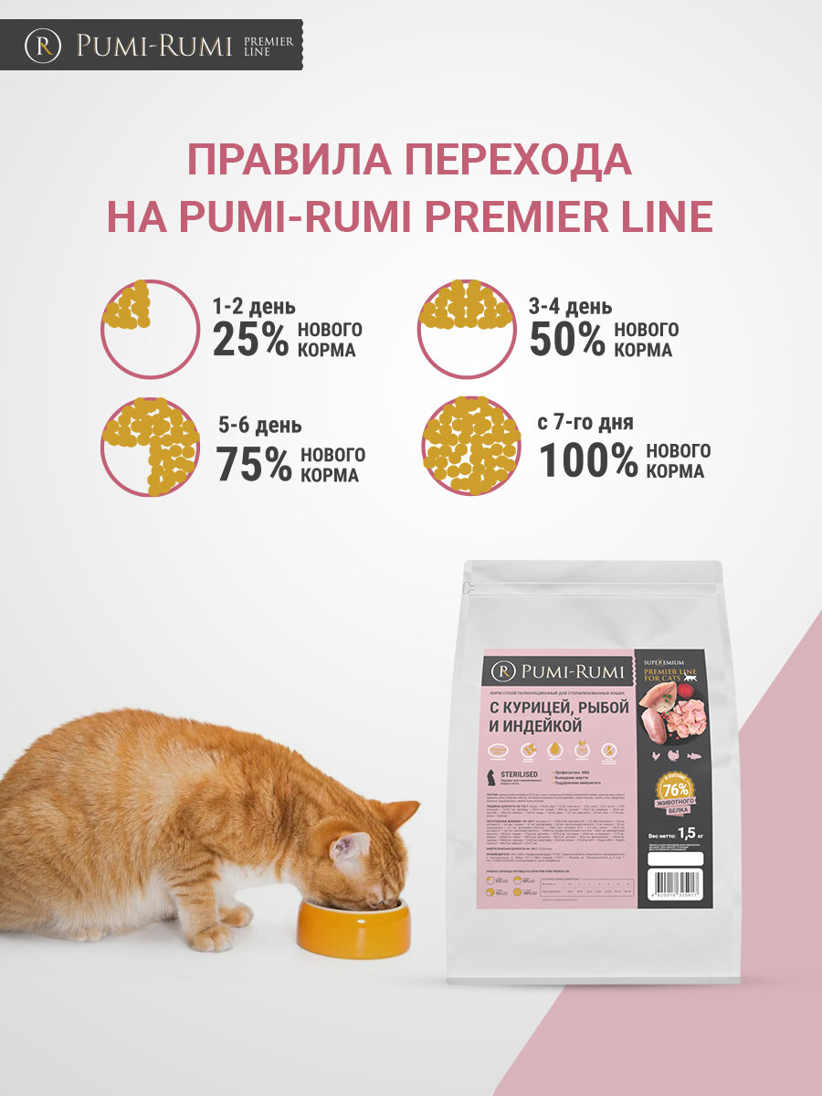 Корм сухой полнорационный PUMI-RUMI PREMIER LINE для стерилизованных кошек и котов с курицей, рыбой и индейкой 1,5кг, суперпремиум. — фото 1