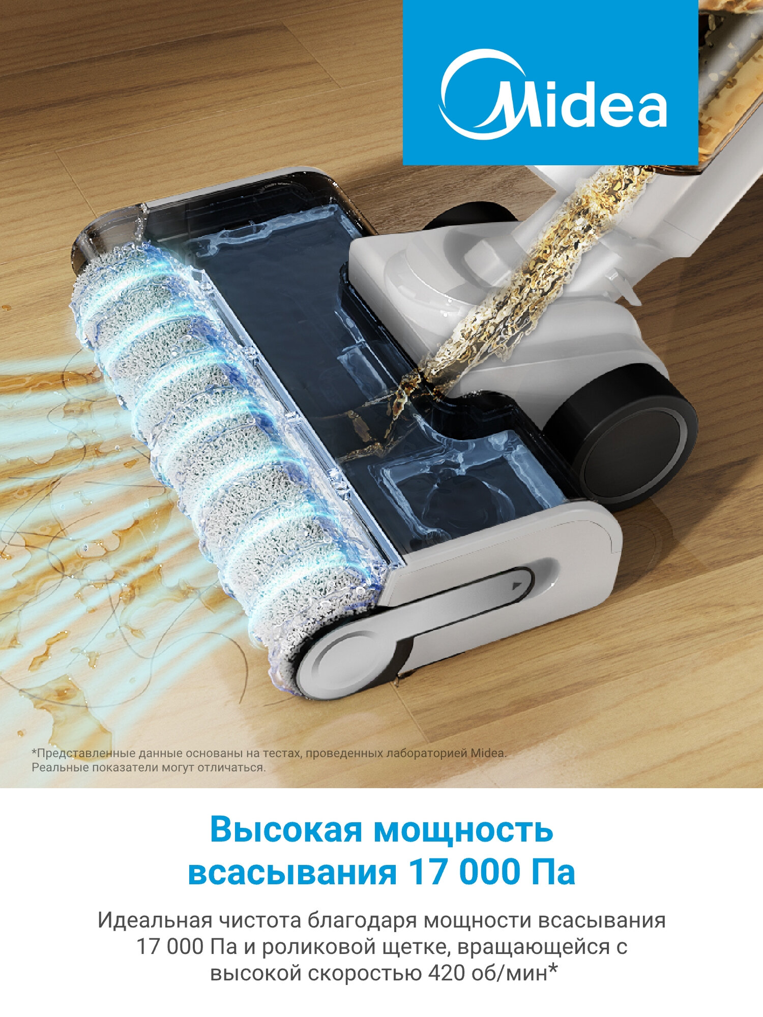 Моющий вертикальный беспроводной пылесос Midea VSS GX6, 17 000 Па, RU, самоочистка, наклон 180, HEPA, BLDC, LED-дисплей — фото 1