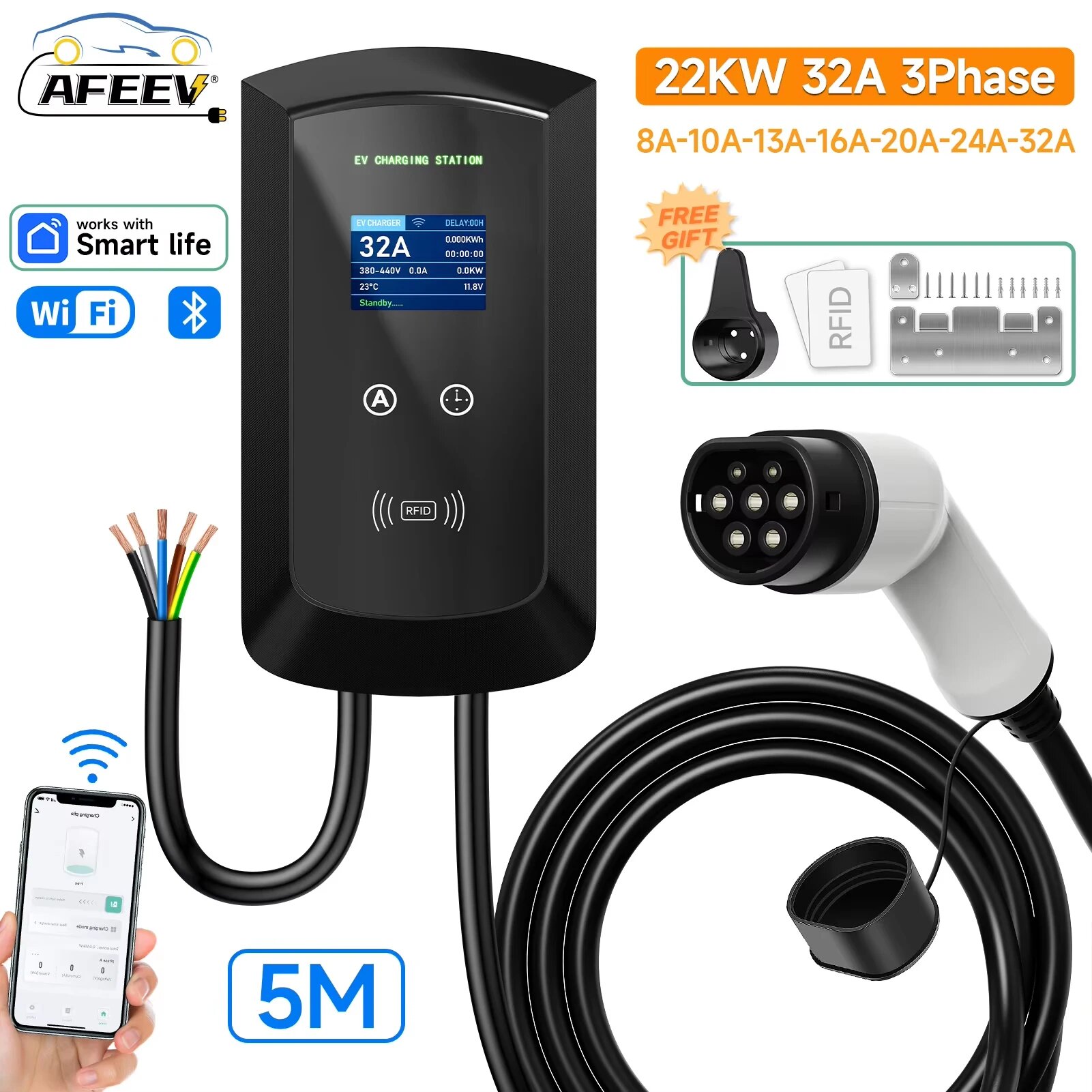 AFEEV 22KW 32A 3-фазная EV зарядная станция Тип 2 IEC62196-2 электрическая автомобильная зарядка 7,6/11KW EVSE Wallbox WIFI Bluetooth управление через приложение, 22KW 32A 3 Phase
