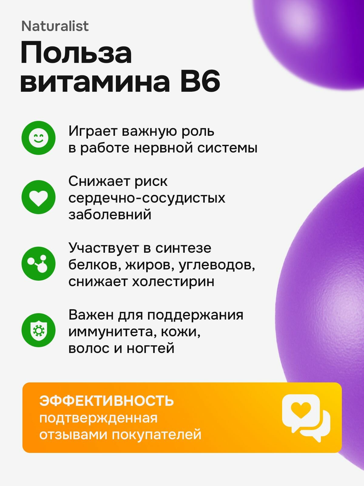 Витамины В6, Укрепление нервной системы, улучшение обменя веществ, Naturalist Supplements, Б6, 100 шт — фото 1