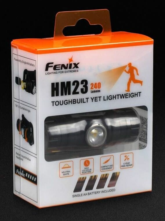 Налобный фонарь Fenix HM23 компактный для спорта, треккинга и туризма на одной АА батарейке
