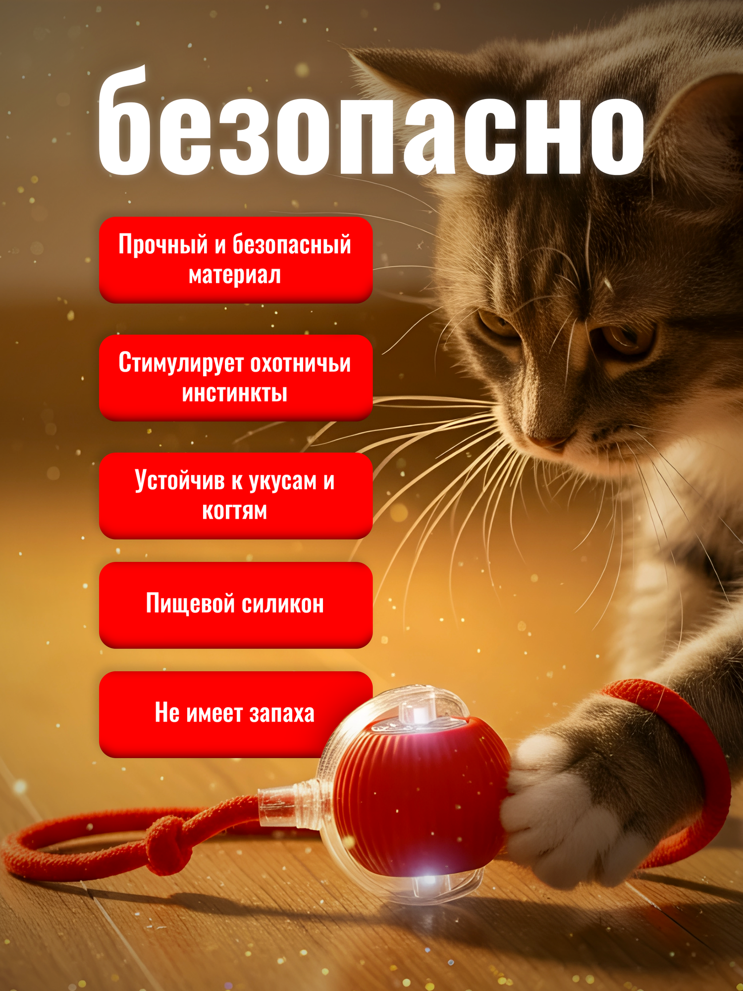 Интерактивный мячик для кошек, игрушка для котиков и собак, умный мячик с шнурком, дразнилка для котят диаметр 6см — фото 1