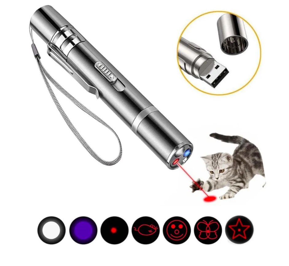 Лазерная указка 7 в 1 для кошек и собак Лазер УФ Фонарик с USB зарядкой