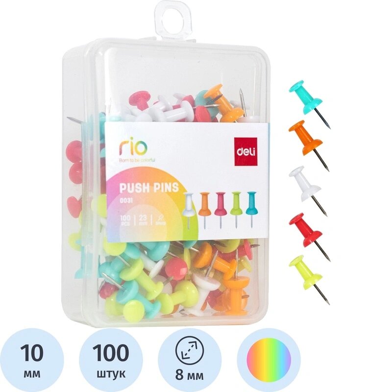 Кнопки Гвоздики Deli E0031 Essential l=23мм ассорти (упак:100шт)