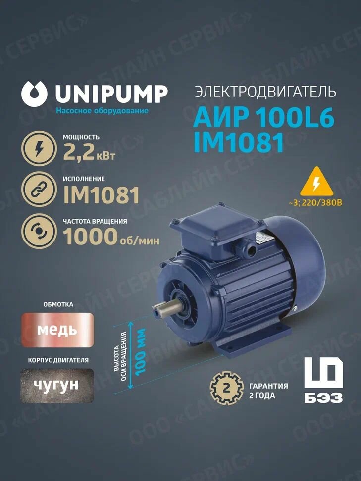 Электродвигатель АИР 100L6 IM1081 (2,2 кВт/1000 об/мин), корпус чугун