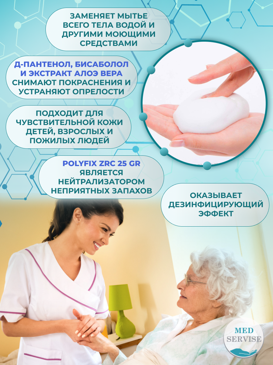 Картинки Пена очищающая для ухода за кожей лежачих больных MEDSERVISE 250 мл для мытья лица, тела, интимной гигиены, без воды.