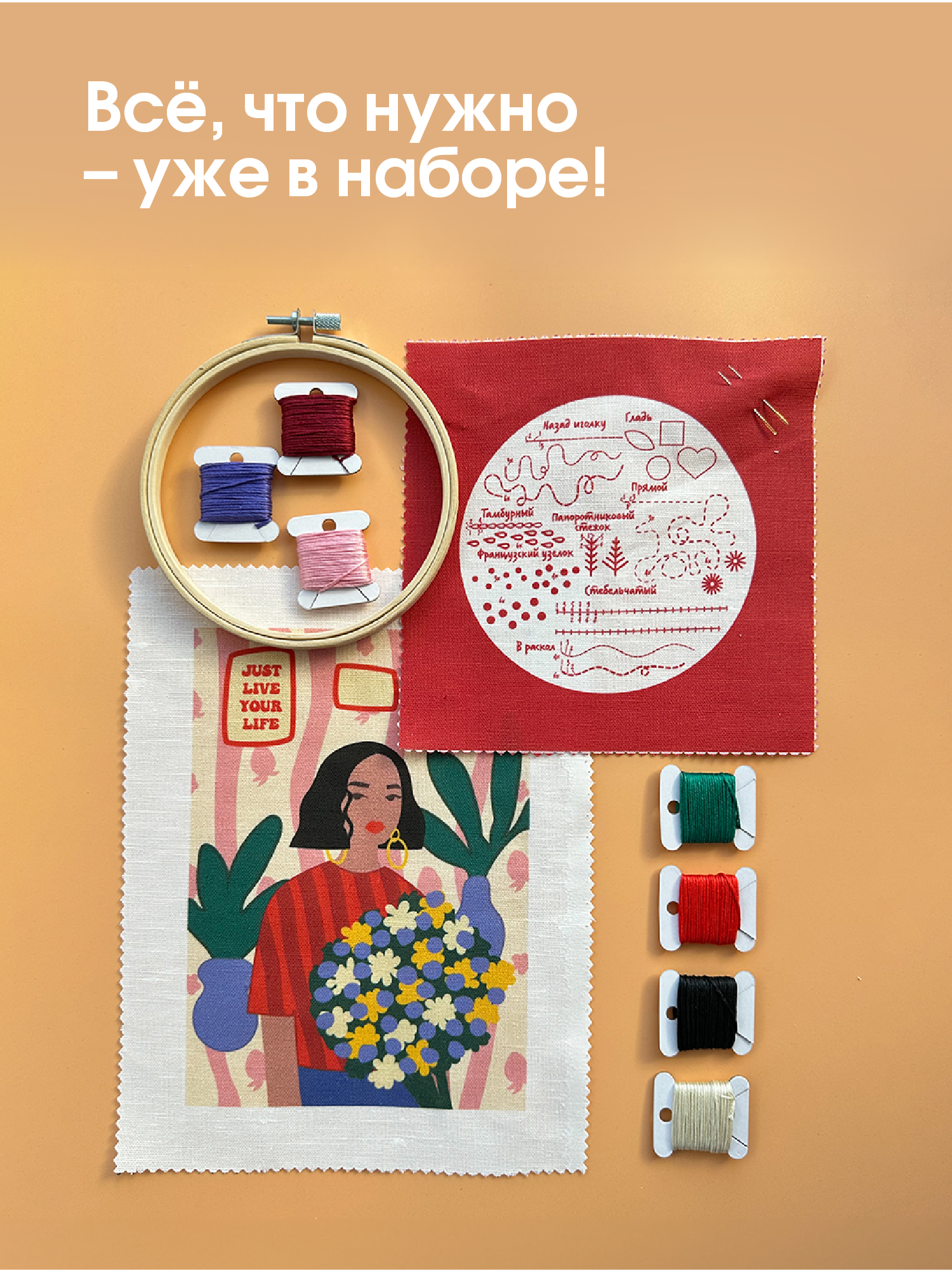 Подарочный набор для вышивания Не белый лист "Девочка с цветами" вышивка в свободной технике, гладью, с обучением — фото 1