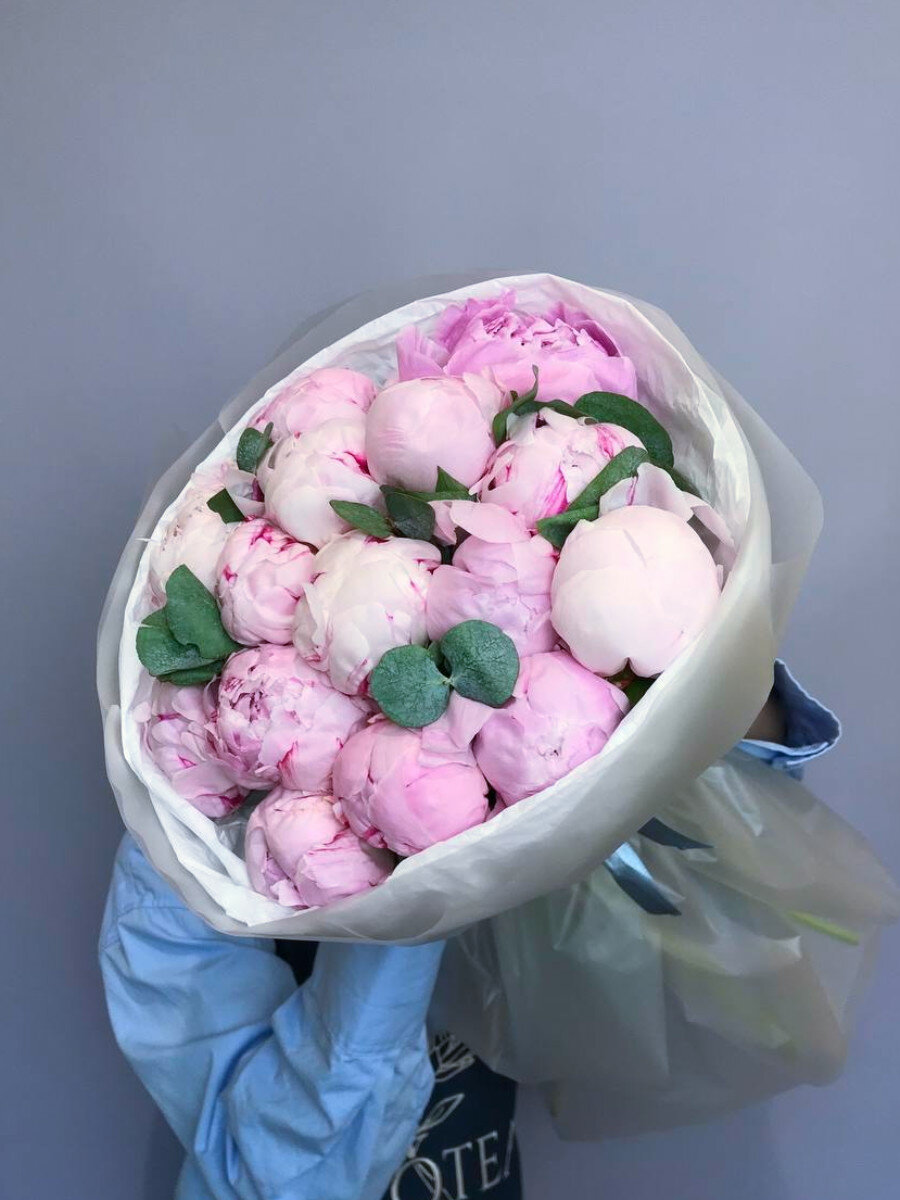 Букет пионов "Сара Бернар" с эвкалиптом 15 шт. PROTEA- Студия Цветов