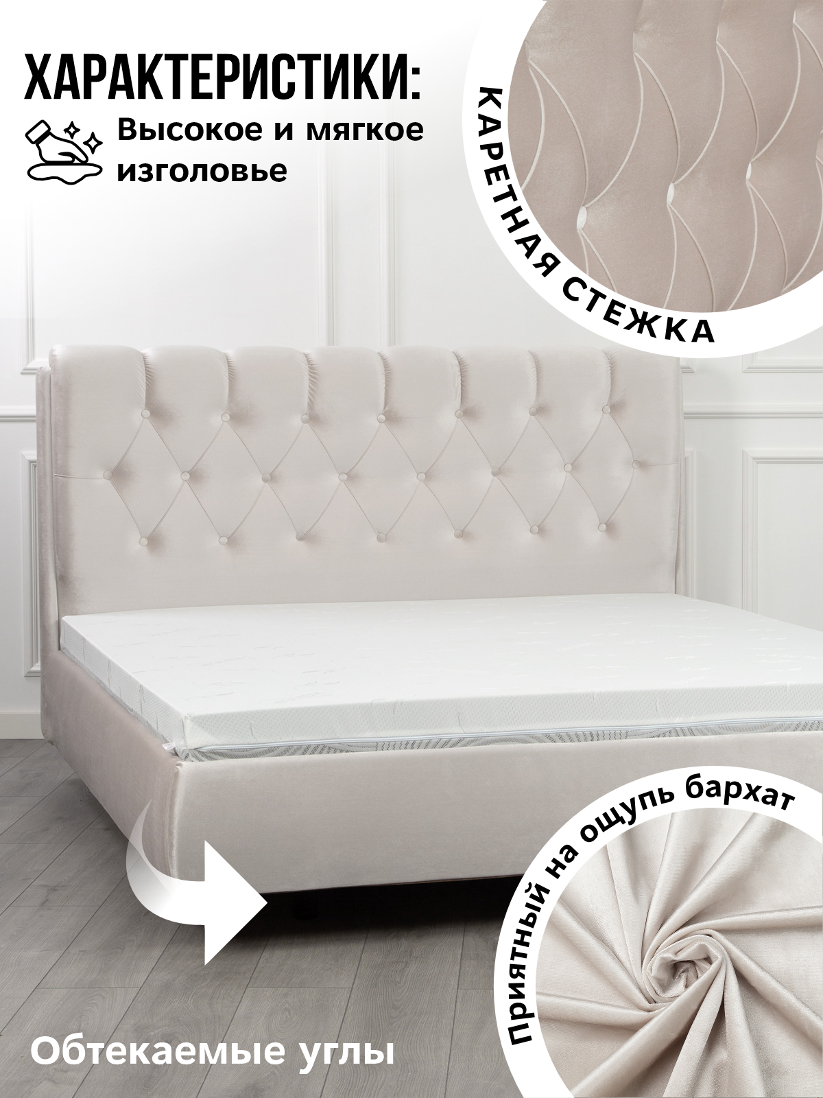 Парящая двуспальная кровать 180х200 см с подъемным механизмом Империя Голд для дома и спальни, бархат белый, Ами Мебель — фото 1
