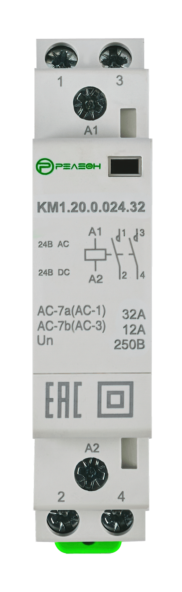 Модульный контактор 2НО контакта 32А; 24В AC/DC, релеон, KM1.20.0.024.32 — фото 1