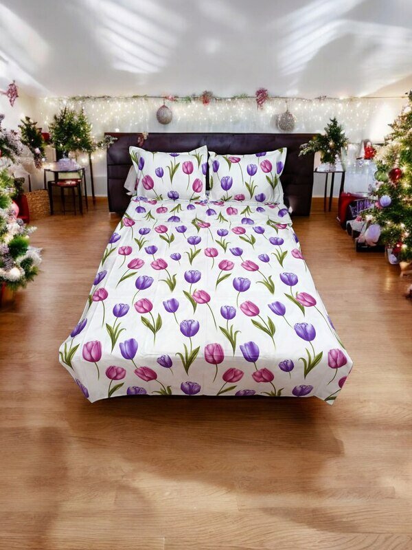 Постельное белье LINENS "Тюльпаны", белое, сатиновое, 2 спальный комплект — фото 1