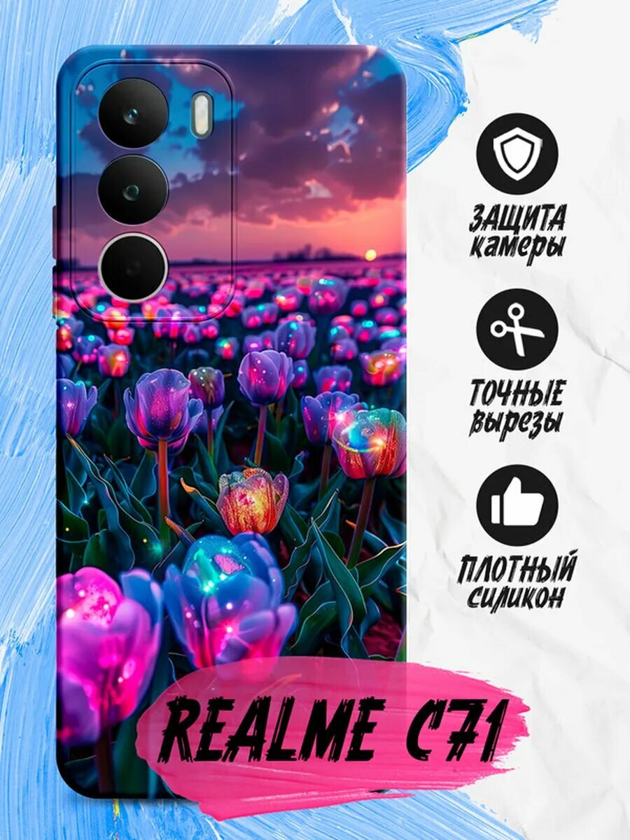 Чехол для Realme C71, Реалми С71, силиконовый, ударопрочный, черный с картинкой