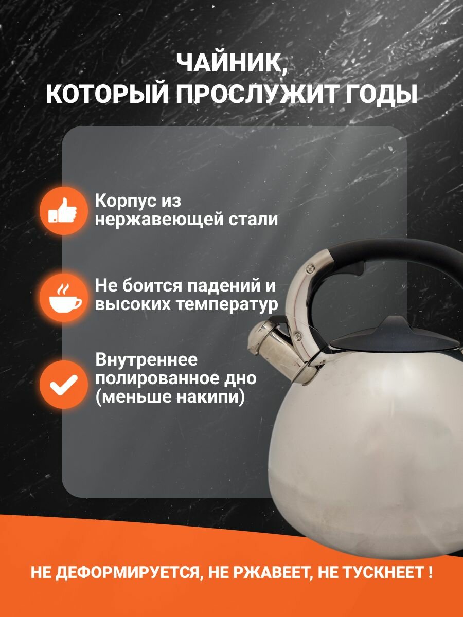 Чайник "Мой дом", нержавеющая сталь, 6л, с клапаном, зеркальный, со свистком — фото 1