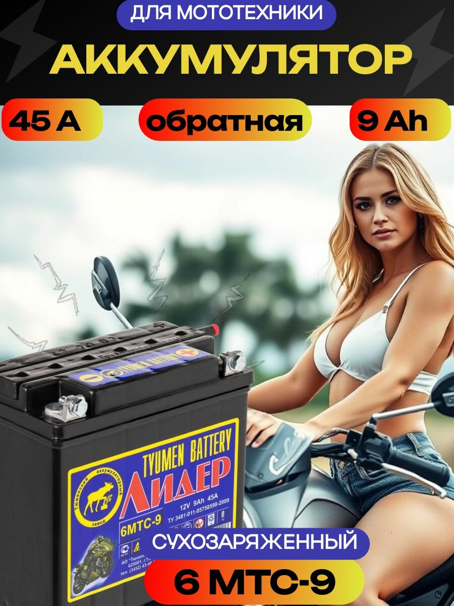 Аккумуляторная батарея для мототехники 6МТС-9 Лидер вывод под болт обратной полярности сухозаряженная (г. Тюмень )