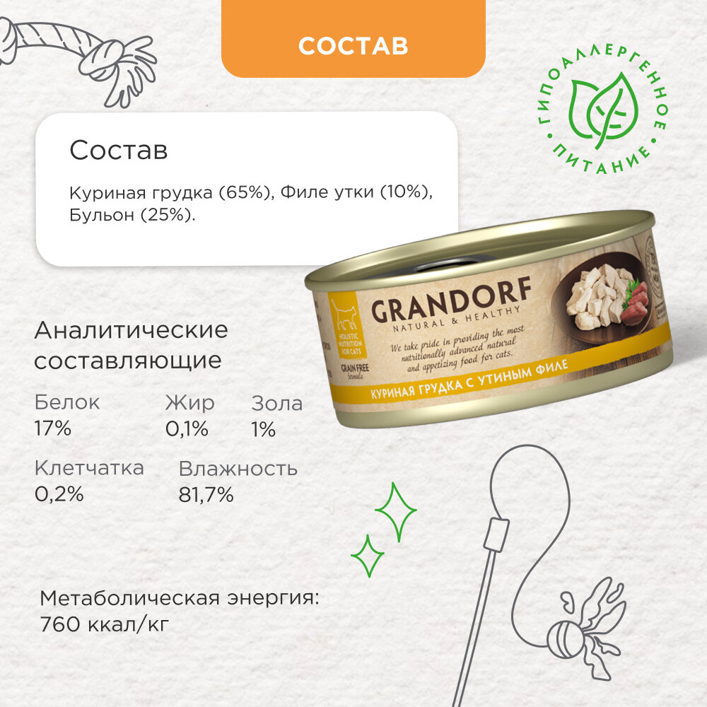 Влажный корм Grandorf консервы для кошек Куриная грудка с уткой, 70 г х 6 шт. — фото 1