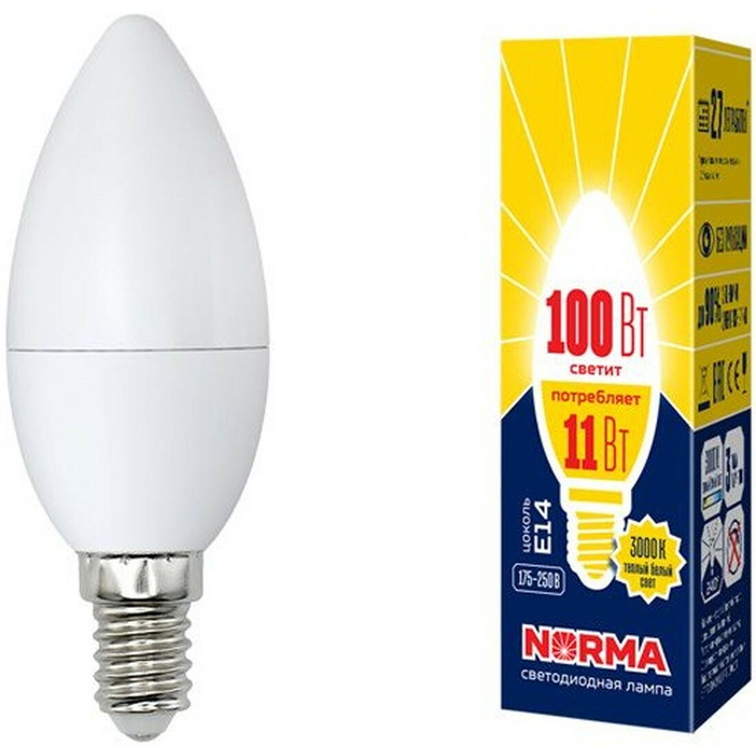 Лампа Volpe LED-C37 E14 11Вт теплый свет колба свеча