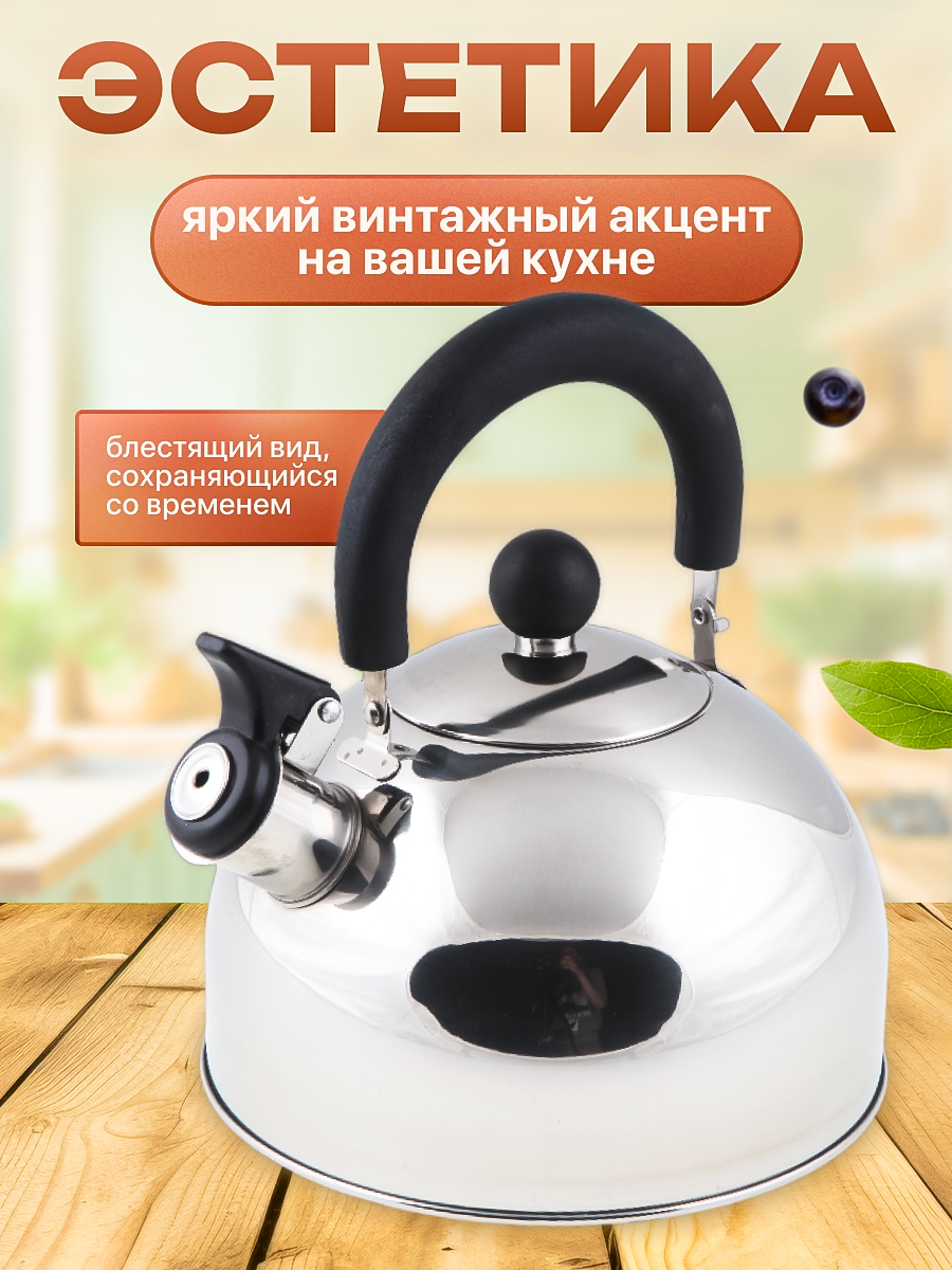 Чайник со свистком 2,5 л PERFECTO LINEA серия Holiday, нержавеющая сталь, цвет серебристый металлик (52-121518) — фото 1